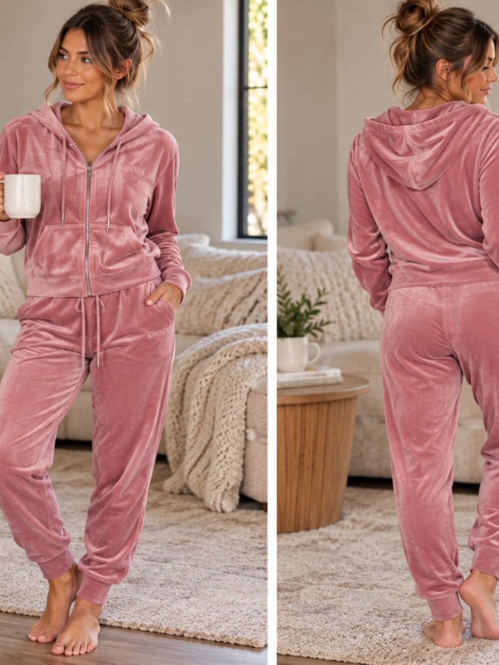 DKNY Sport Pink Velour Hoodie Jogger Tracksuit Set Women's Medium Y2K Loungewear